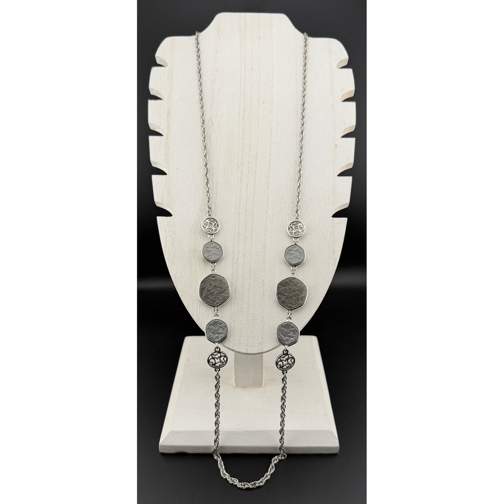 Sarah Coventry Station Necklace 37" Silver‎ Tone Gray Modernist Hexagon